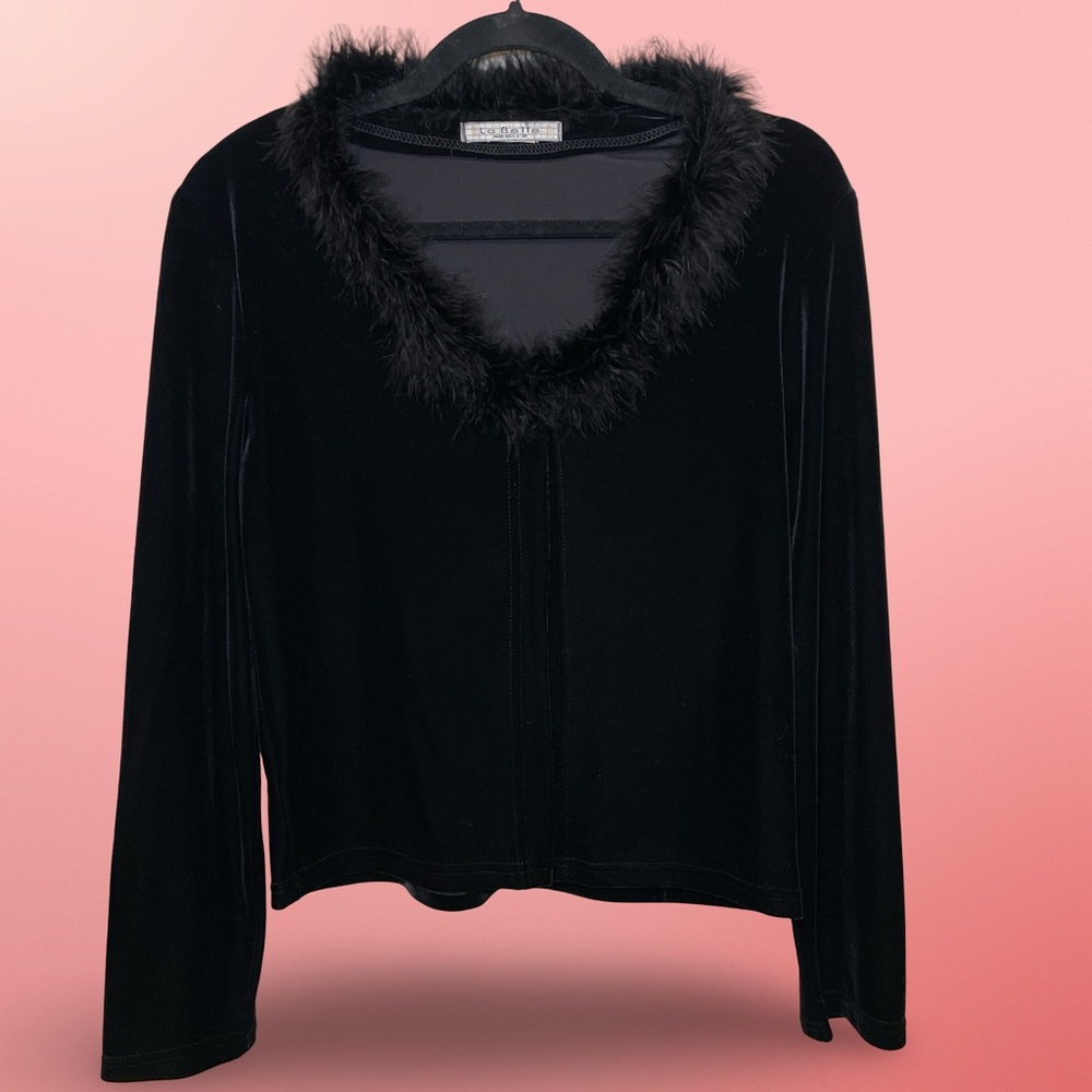 La Belle Black Faux Fur Collar Cardigan